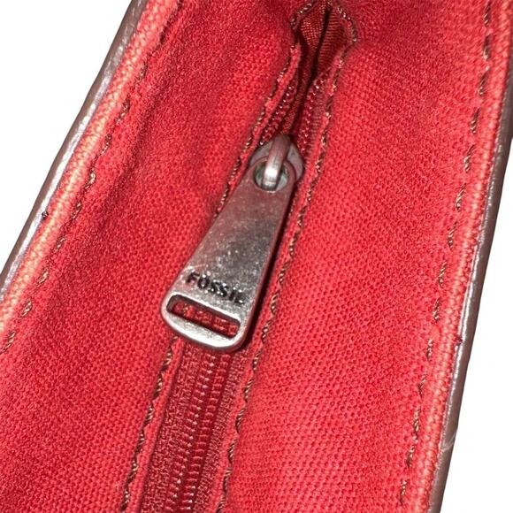 Fossil Hunter Leather Tote Bag Pink Red Zip Closure Key Charm Silver Hardware - Picture 9 of 16
